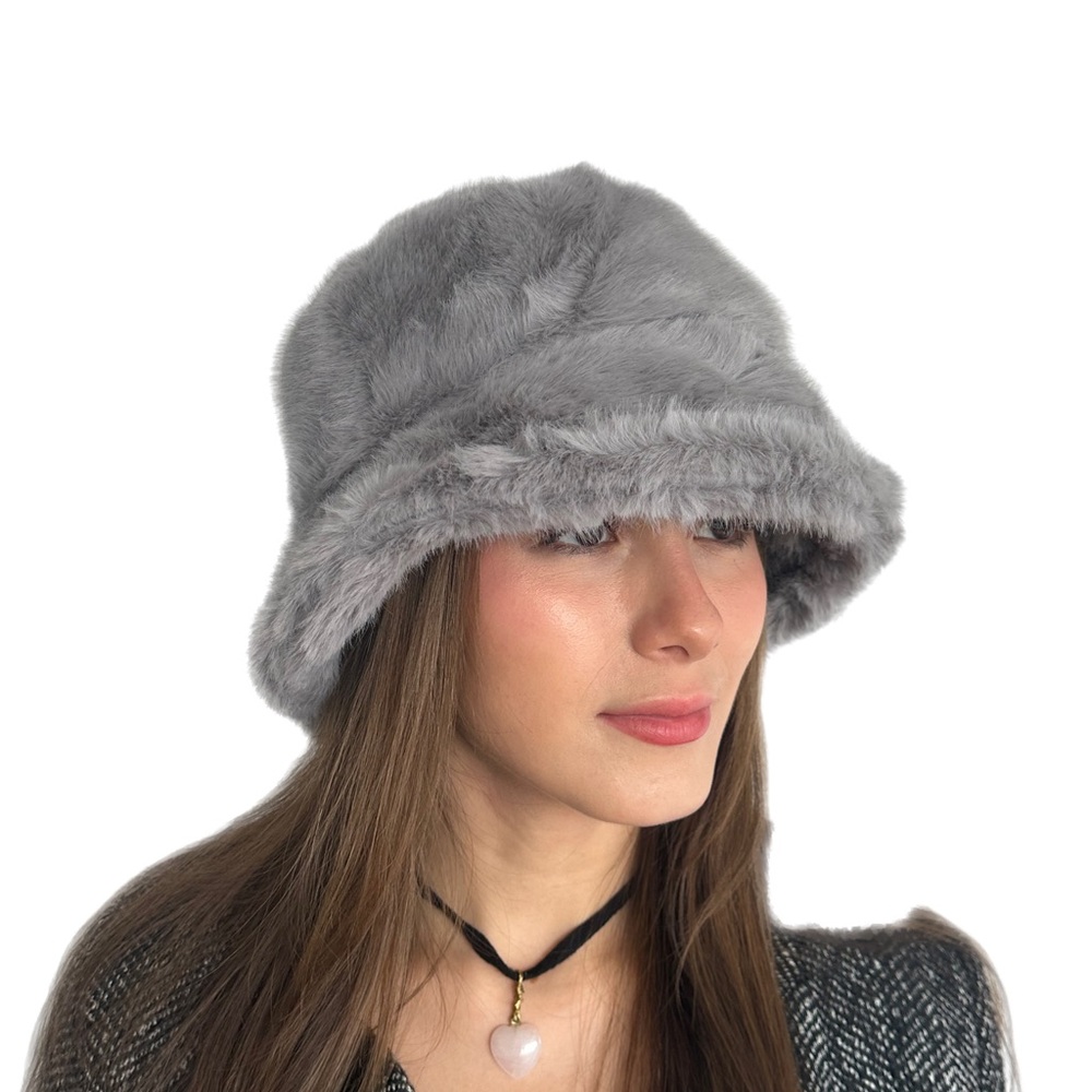 Gray Faux Fur Bucket Hat